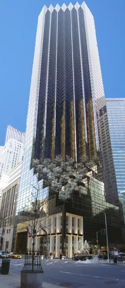 Trump Tower's dark glass tower on Fifth Avenue in Midtown Manhattan