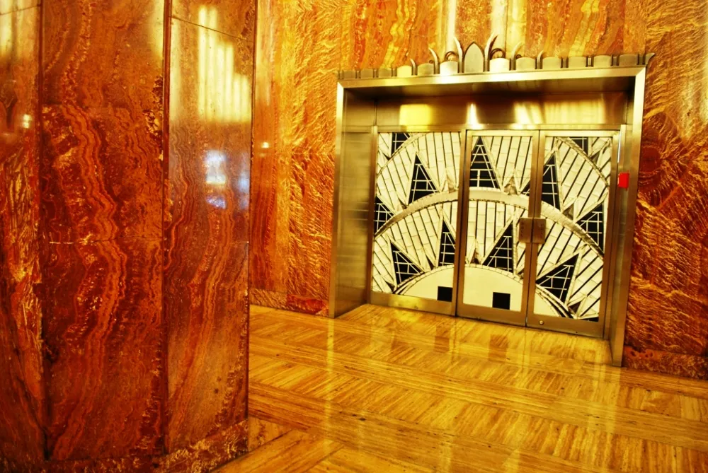 Art Deco elevator doors in the red marble lobby of the Chrysler Building